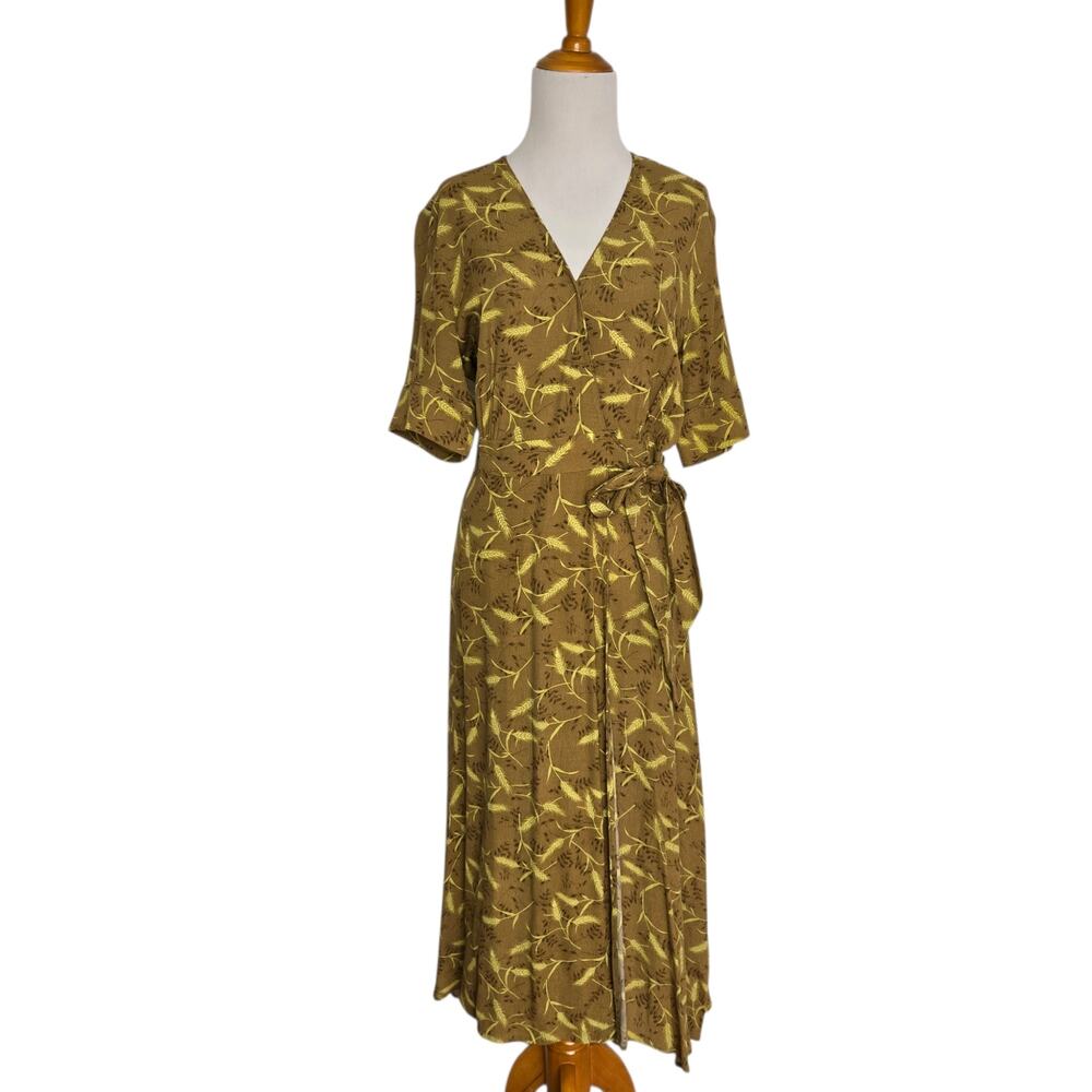 & Other Stories Novelty Wheat Print Midi Dress Faux Wrap Brown Belted Women 6 - Picture 2 of 12